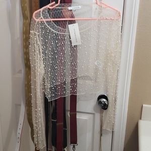 Nude Mesh Pearl Cropped Long Sleeve Top